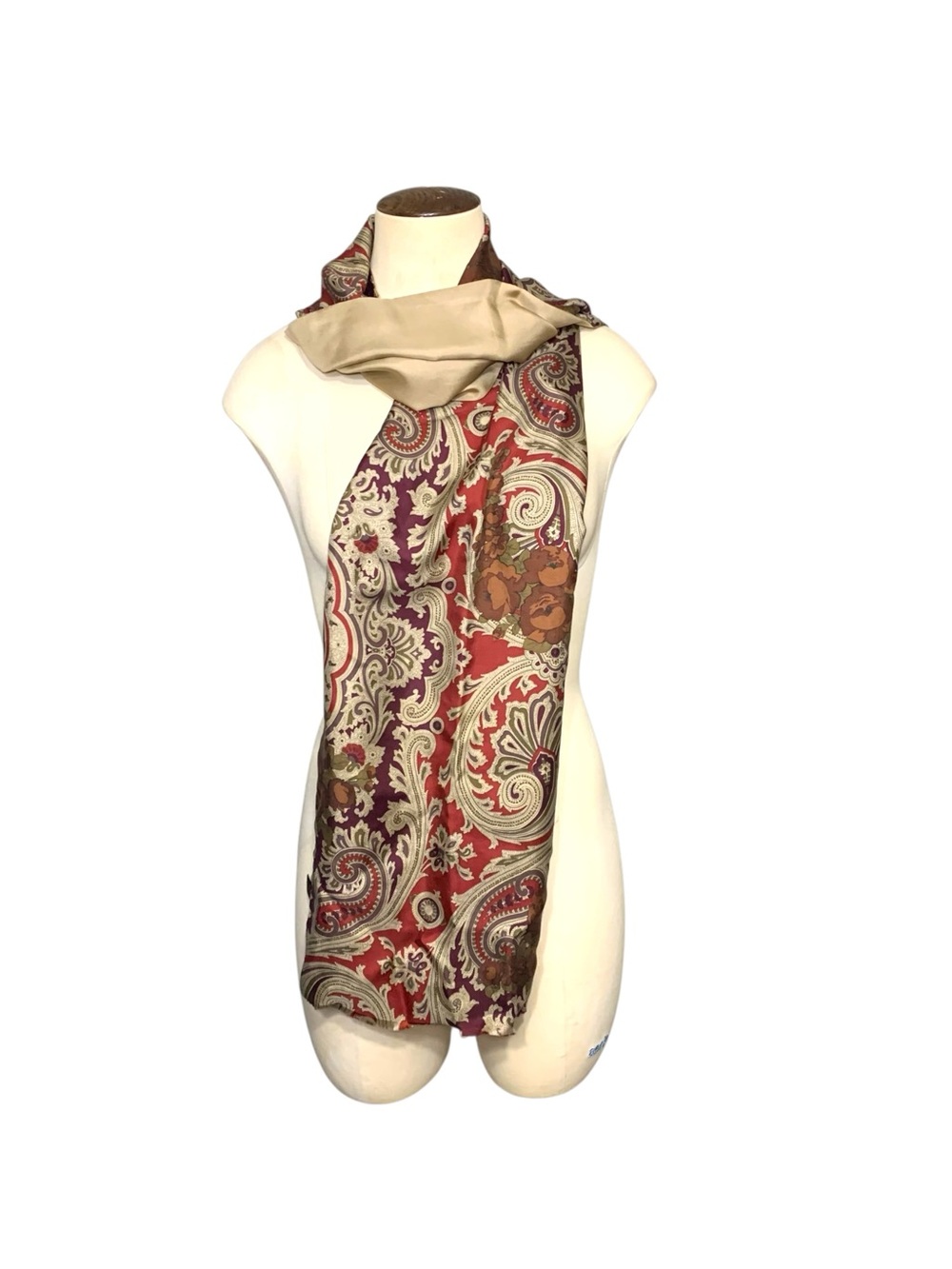 Jaeger 100% Silk Scarf Paisley Baroque Reversible Luxurious Wrap Brown Red Beige